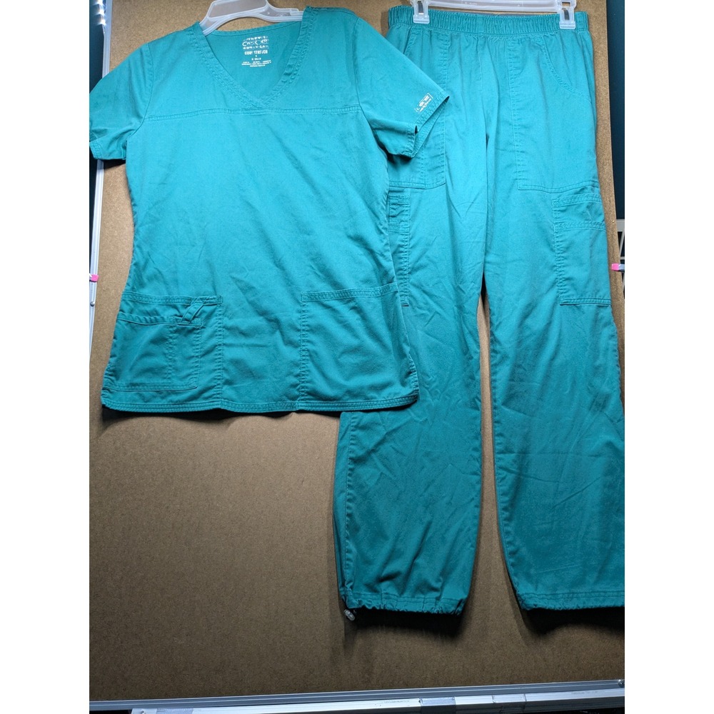 Cherokee Workwear Core Stretch Scrub Set Teal V-Neck Top Cargo Pants Small
